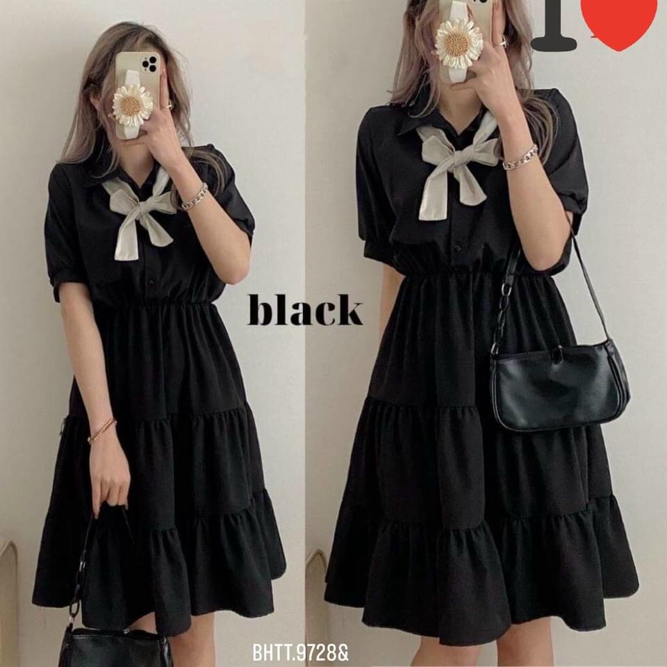 Đầm BabyDoll Nữ Cộc Tay Nơ Buộc Nơ 🦋 Váy Nữ Dáng Xòe 3 Tầng Trơn Ngắn Tay 2 Màu 🦋