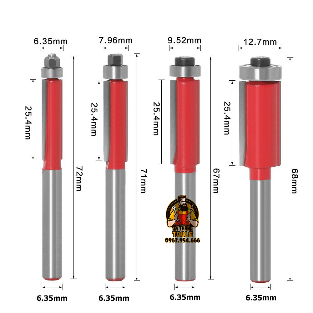 Mũi Phay Gỗ Thẳng Đầu Bi 1/4 - 1/2 inch Cốt 1/4 inch