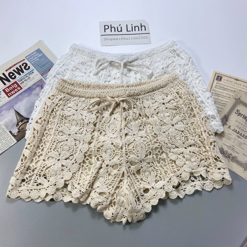 MS607 Quần short ren hoa đan móc vạt xẻ