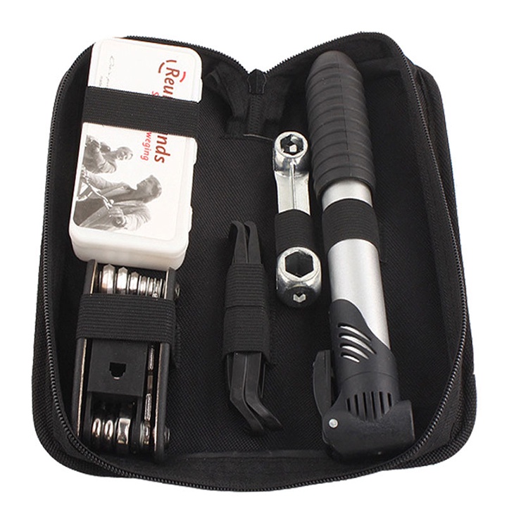 Bộ dụng cụ vá xăm lốp xe đạp kèm miếng vá săm, bơm mini và keo dán, bộ sửa chữa đa năng có túi đựng