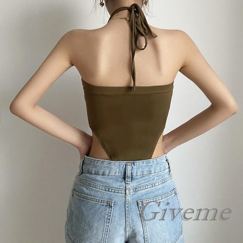 Bộ Áo Liền Quần Cổ Yếm Màu Trơn Thời Trang Dành Cho Nữ