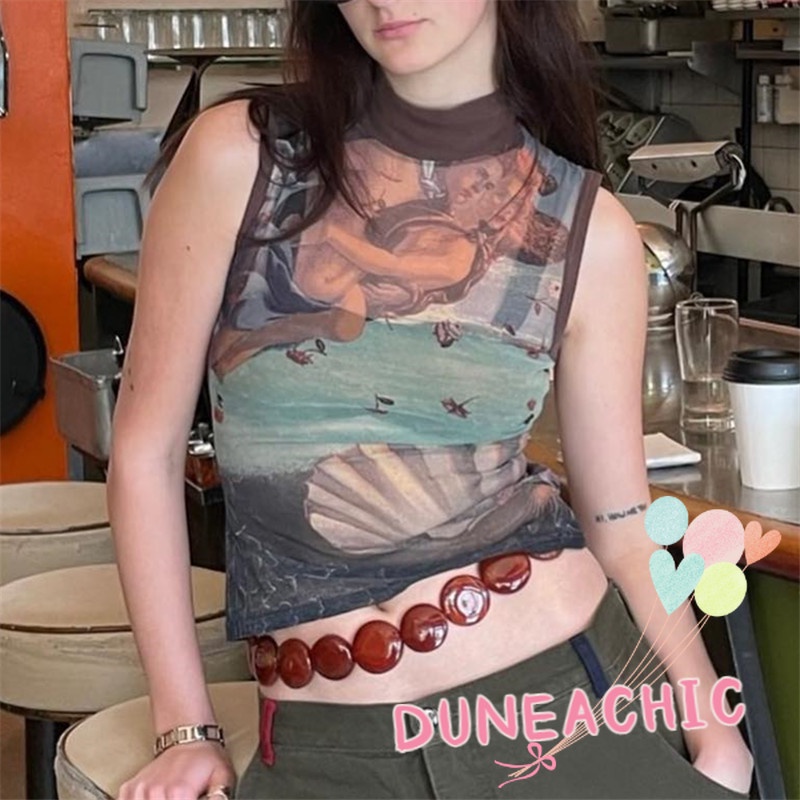 DUNEA Áo Tank Top Cổ Tròn In Họa Tiết Nghệ Thuật Phong Cách Đường Phố Cho Nữ