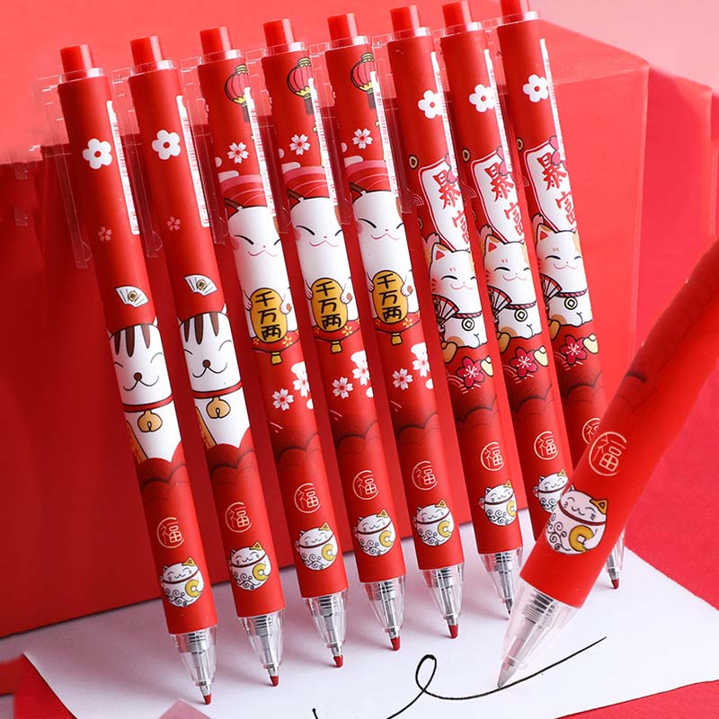 Bút bi mực đen ngòi 0.5mm họa tiết chú mèo may mắn dễ thương