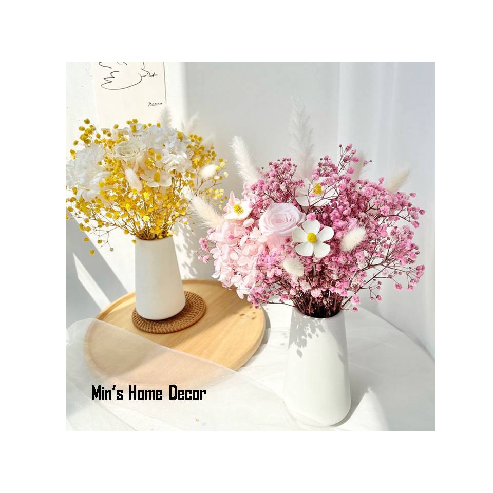 Bình hoa khô decor cắm sẵn, hoa baby khô trang trí để bàn phòng khách