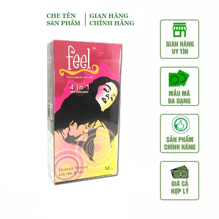 Bao cao su gai siêu mỏng kéo dài thời gian Feel 4 in 1 chính hãng hộp 12 cái Nakisa