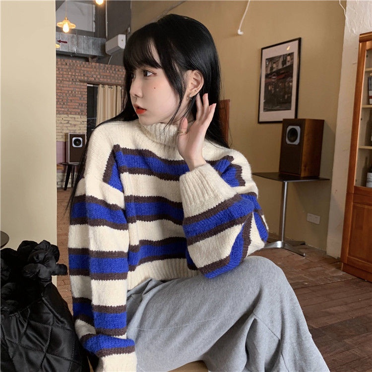 COZOK Áo len cổ cao họa tiết kẻ sọc phong cách Vintage