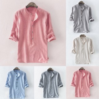 Men Stripe Button Casual Linen and Cotton Short sleeve Top Blouse