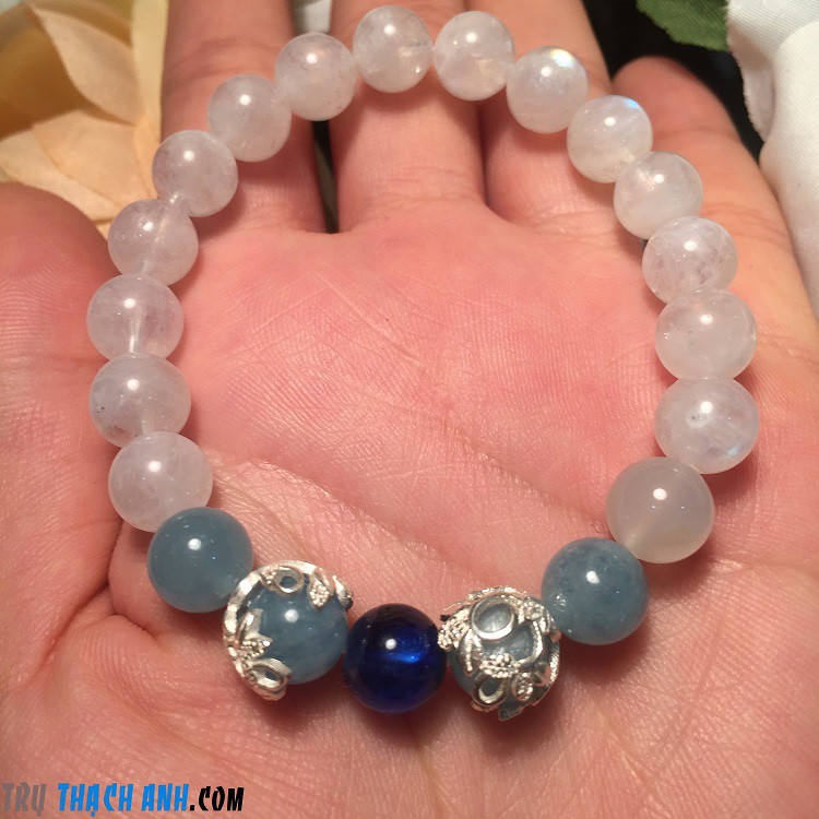 Vòng tay đá mặt trăng mix đá kyanite và đá aquamarin
