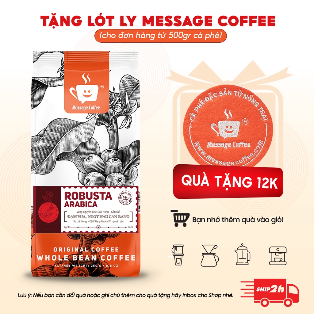 Cà phê nguyên chất Blend Robusta - Arabica rang mộc đậm đà thơm nồng dùng pha phin hoặc pha máy ngon từ Message Coffee