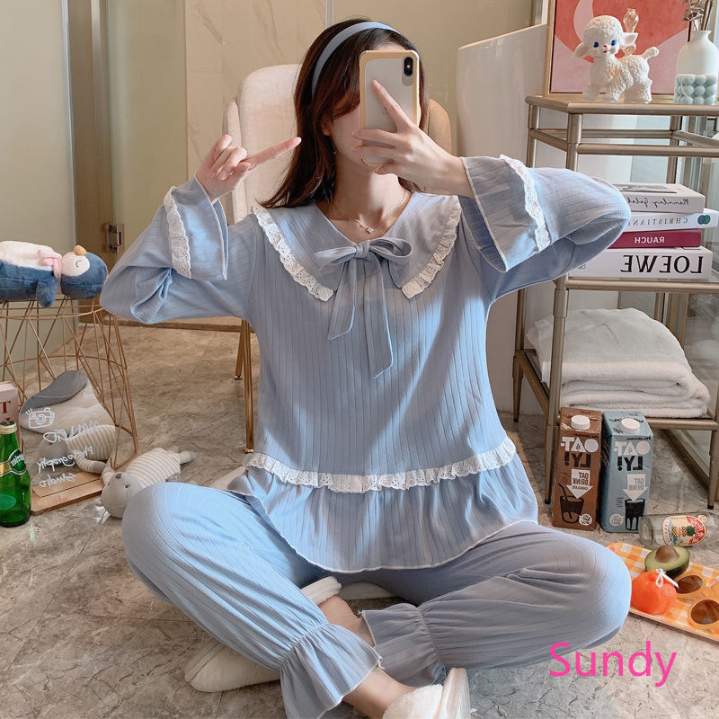 Set pyjama cotton màu trơn thu đông cho nữ