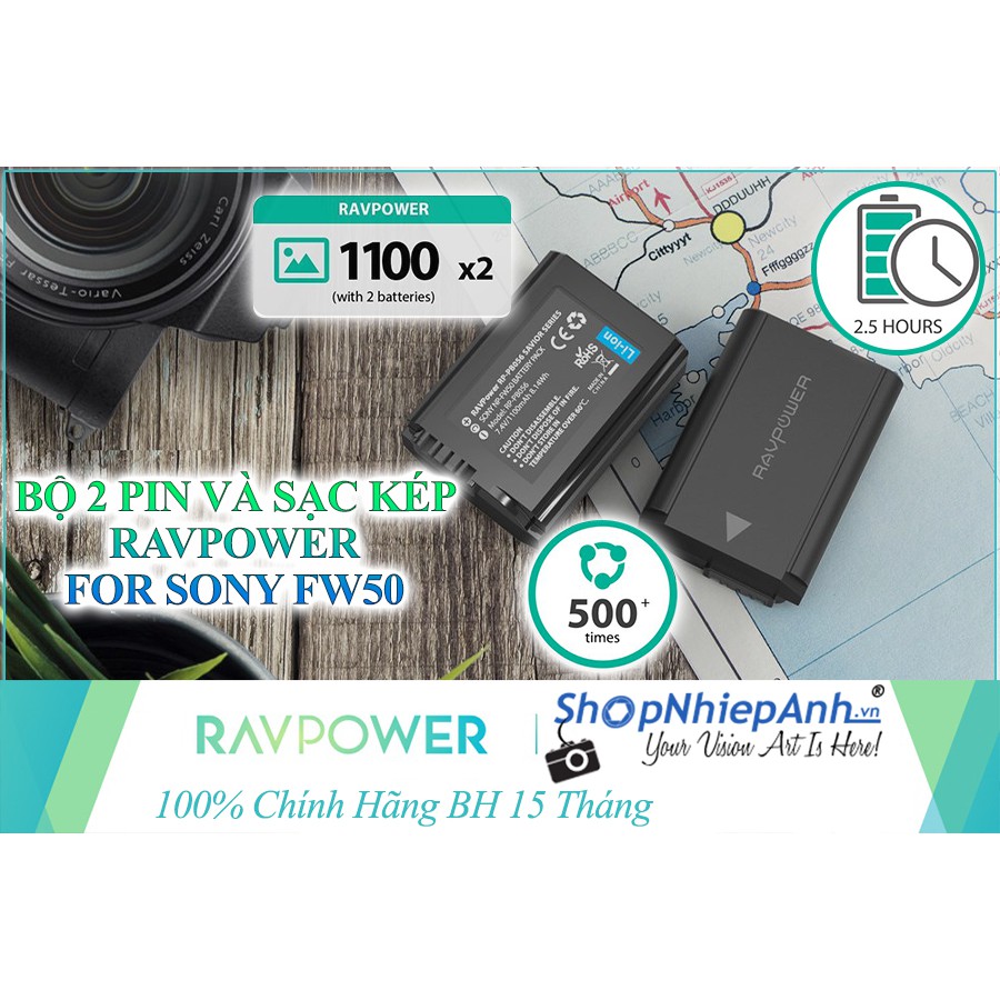 BỘ 2 PIN VÀ SẠC KÉP RAVPOWER FOR SONY FW50 A6000 A6100 A6300 A6400 A6500 A6600 A7II A7SII A7RII A7 NEX