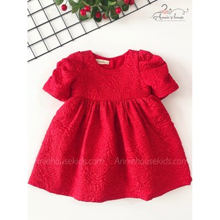 Đầm annie tafta gấm màu đỏ tay phồng