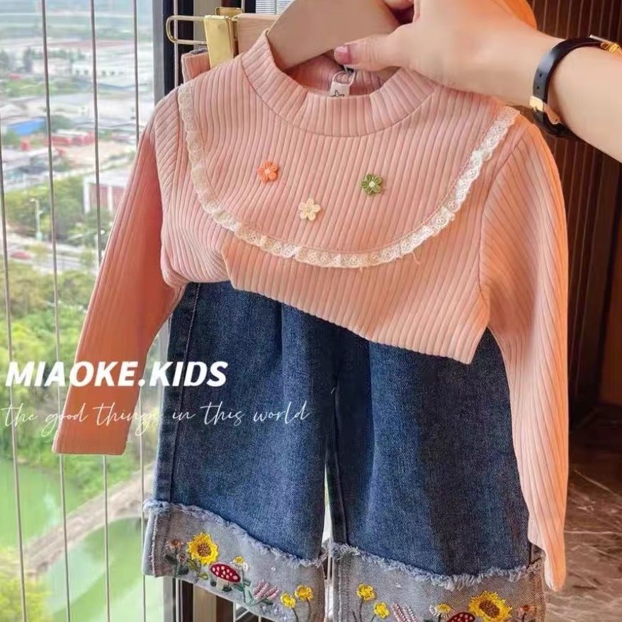 Áo Thun Dệt Kim Cổ Lọ Họa Tiết Hoa Nhỏ Thời Trang Xuân Thu Phong Cách Hàn Quốc Cho Bé Gái
