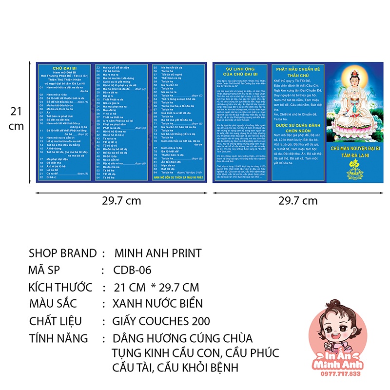 Tờ Chú Đại Bi, Chú Dược Sư, Phật Mẫu Chuẩn Đề Kích Thước A4 CĐB-06