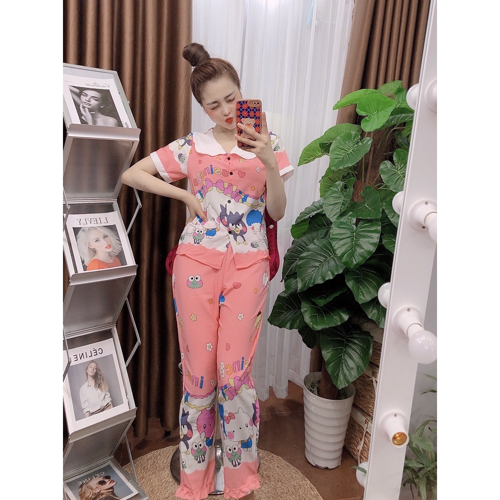 đồ bộ pijama tay ngắn quần dài mặc nhà dễ thương nữ vải Lụa Hàn Họa Tiết Siêu Cute