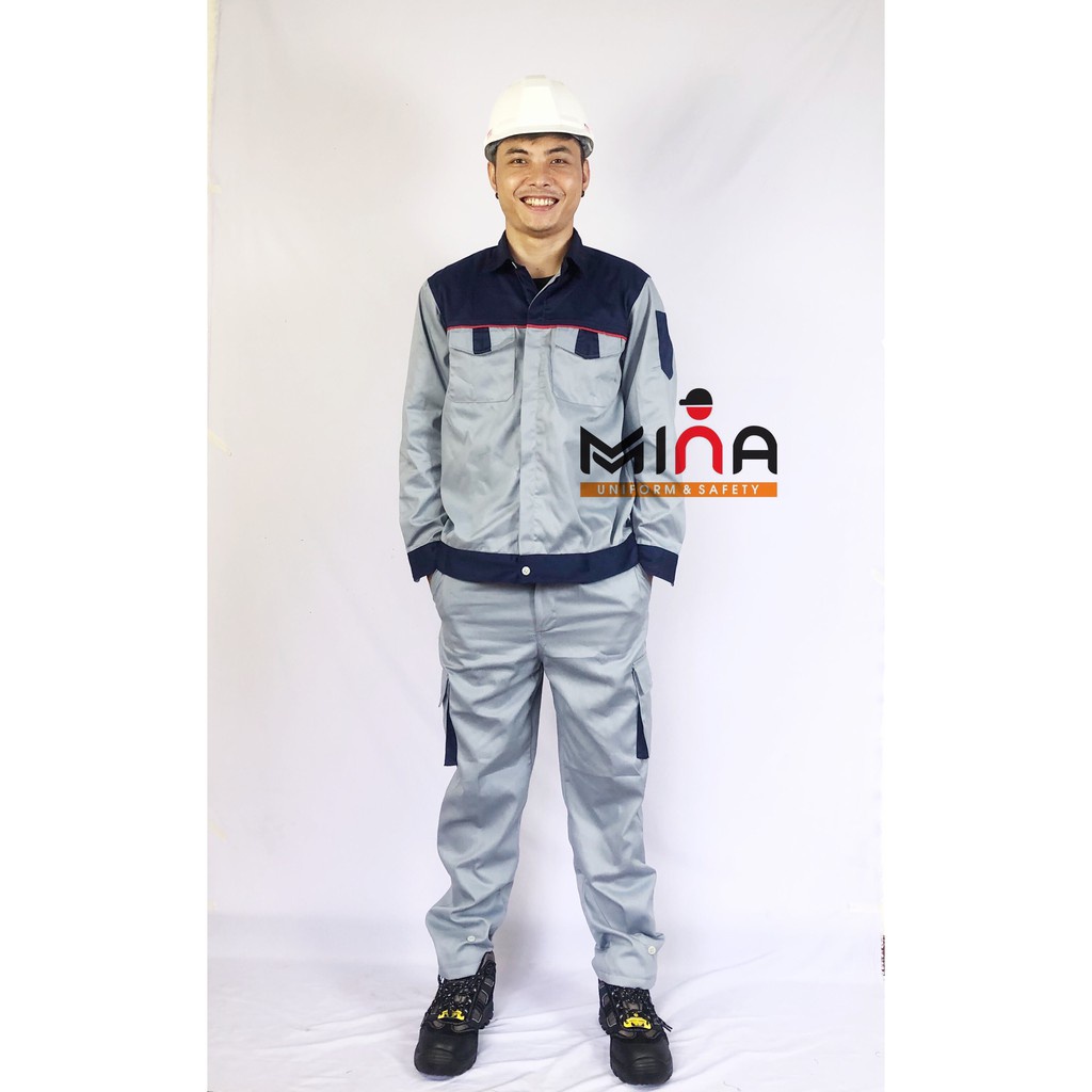 ♦❀Quần áo bảo hộ lao động Mina Safety Ghi chì phối tím than lé đỏ - Vải kaki V31 -Áo tối màu túi hộp