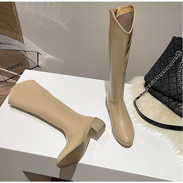 Bốt đùi cao cổ nữ WOMENSTORY boots khóa sau da mềm mũi nhọn đế vuông 4.5 cm thời trang mùa đông 3 màu S36