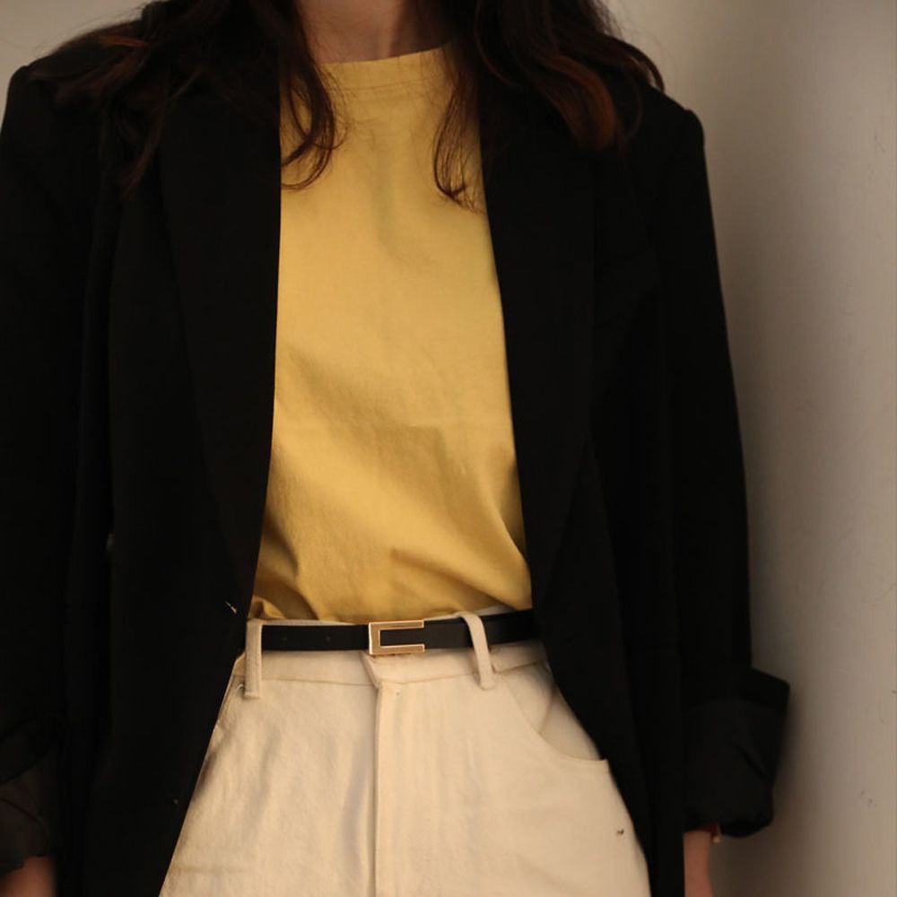 Thắt Lưng Da Giả Bản Nhỏ Có Khóa Kim Loại Màu Trơn Phong Cách Hàn Quốc Cho Nữ