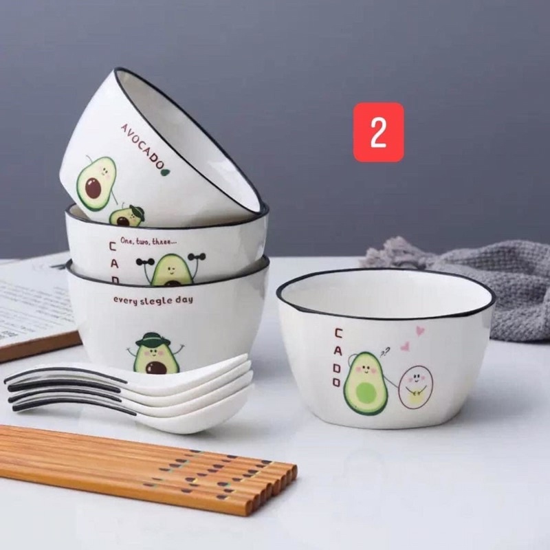 Sét 4 bát cơm vuông kèm 4 thìa hoặc 4 đôi đũa