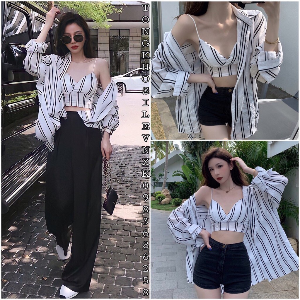 SET ÁO SƠ MI KẺ SỌC TRẮNG MIX ÁO BRA 2 DÂY MẢNH - Bộ Đồ ÁO SOMI Oversize Dài Tay Kèm Bra Có Lót Ngực Mặc Đi Biển