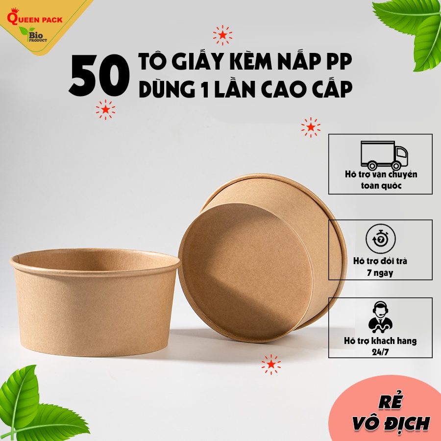 Sỉ 50 tô giấy kraft 750ml/1000ml/500ml/350ml đựng thực phẩm kèm nắp bằng chịu nhiệt PP cao cấp, dùng cho món phở, bún