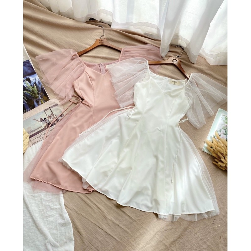 Đầm xòe thân phối lưới tay cánh tiên  tiểu thư nữ tính xd