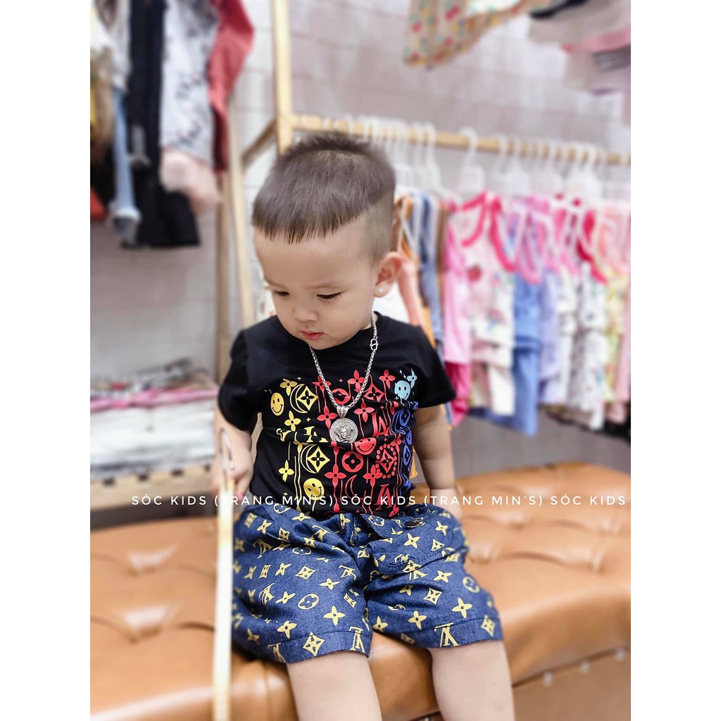 Bộ Cộc Tay Phối Quần Jean Cho Bé Trai Bé Gái Vải Cotton Mềm Mịn Co Giãn In Hình Mặt Cười, Bộ Mặc Nhà Cho Bé - BCJEAN1