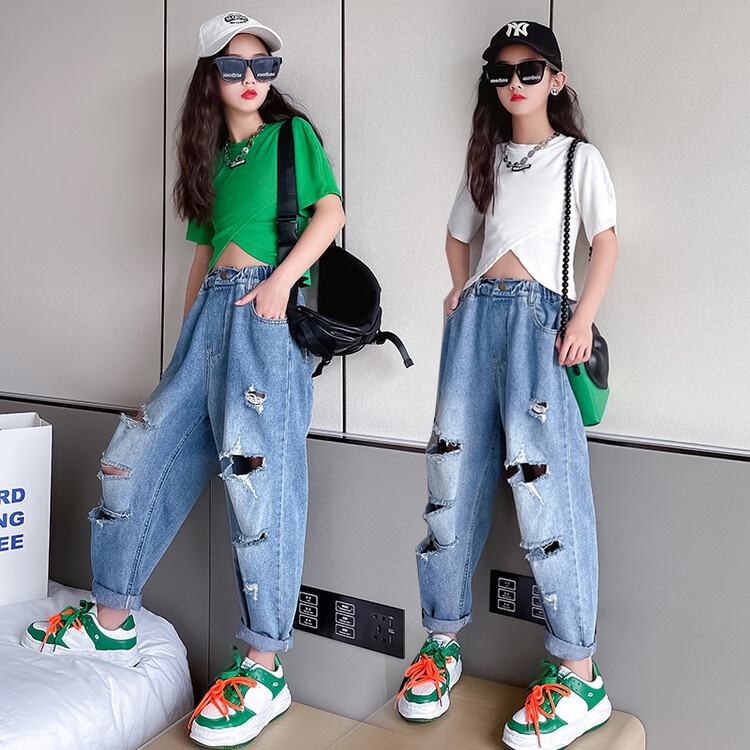 Set Áo Thun + Quần Short Denim Ống Rộng Thời Trang Mùa Hè Mới Cho Bé Gái 170