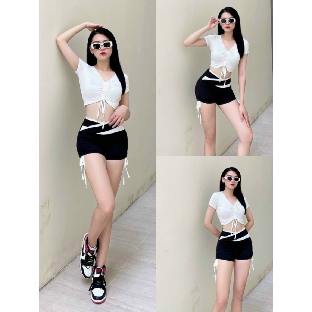 Set bộ áo croptop quần đùi rút dây siêu xinh (đồ tập gym-yoga nữ)