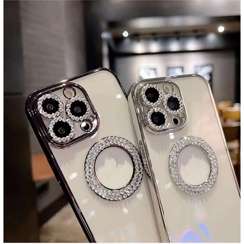 Ốp Điện Thoại Trong Suốt Đính Kim Cương Giả Sang Trọng Bảo Vệ camera Cho iPhone 11 12 13 Pro Max