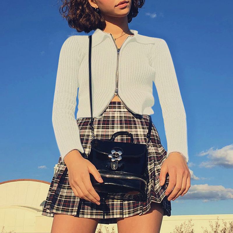 Áo Khoác Croptop Dệt Kim Tay Dài Hai Mặt Màu Sắc Thời Trang Mùa Thu Quyến Rũ Cho Nữ