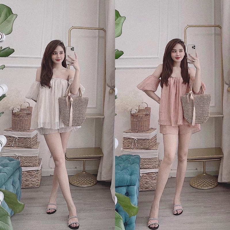 SNU360 - SET ĐÙI NỮ TRỄ VAI REN HẠT MIX SOOC 2 LỚP