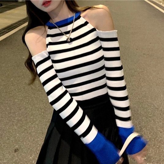 【Hana and Alice】Áo Len Tay Dài Trễ Vai Họa Tiết Kẻ Sọc Thời Trang