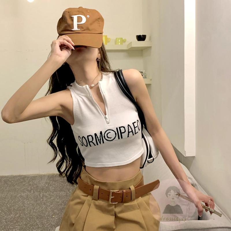 Áo Tank Top Không Tay Hở Vai Có Khóa Kéo Thời Trang Mùa Hè Cho Nữ