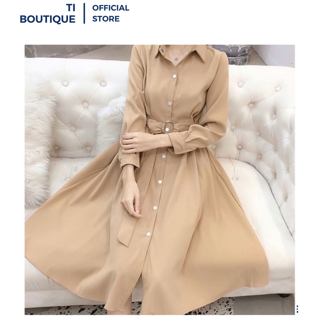 Đầm Công Sở Cổ Somi Tay Dài Thanh Lịch Đĩnh Đạc, Đầm Váy Nữ Dáng Dài Xòe Có Dây Thắt Eo Màu Nude Basic