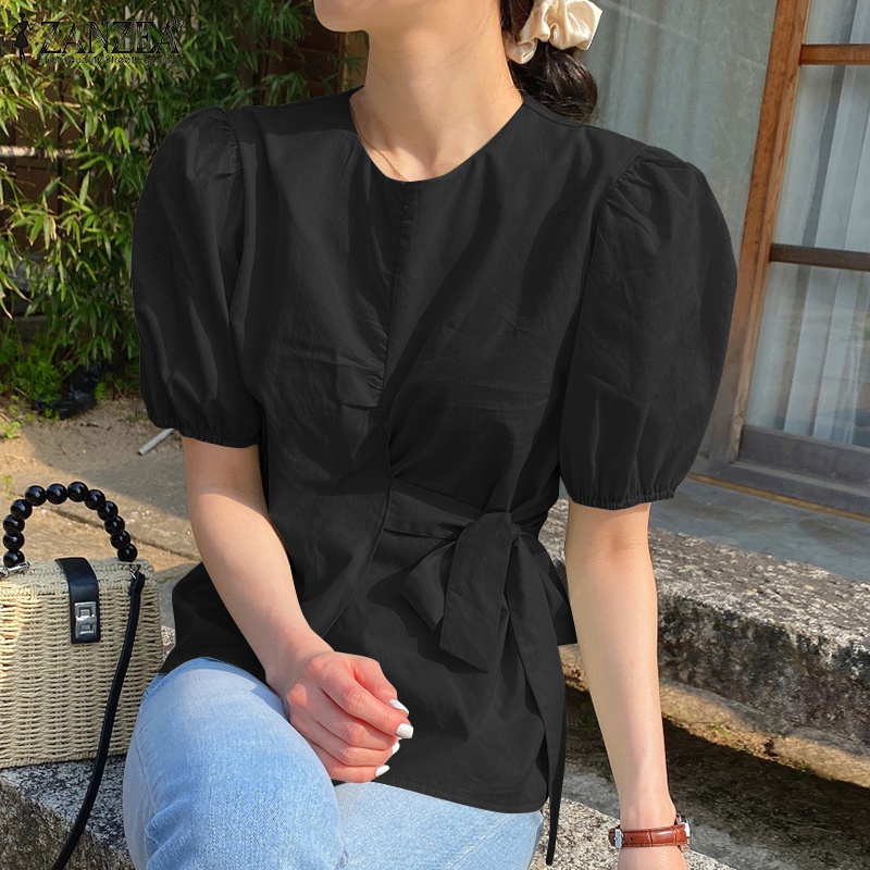 Áo kiểu Zanzea tay ngắn cổ tròn cột dây cài nút phong cách hàn quốc dành cho nữ