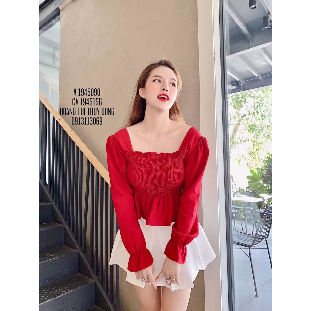 Áo Voan Cổ Vuông Thân Nhún Kết Hợp Phần Xòe Nhẹ Kiểu Tiểu Thư TTS0905