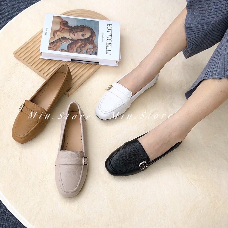 Giày slip on da thật VNXK phối khuy cạnh trẻ trung, giày bệt mũi vuông da mềm dẻo đi êm chân có thể đi picnic, đi bộ