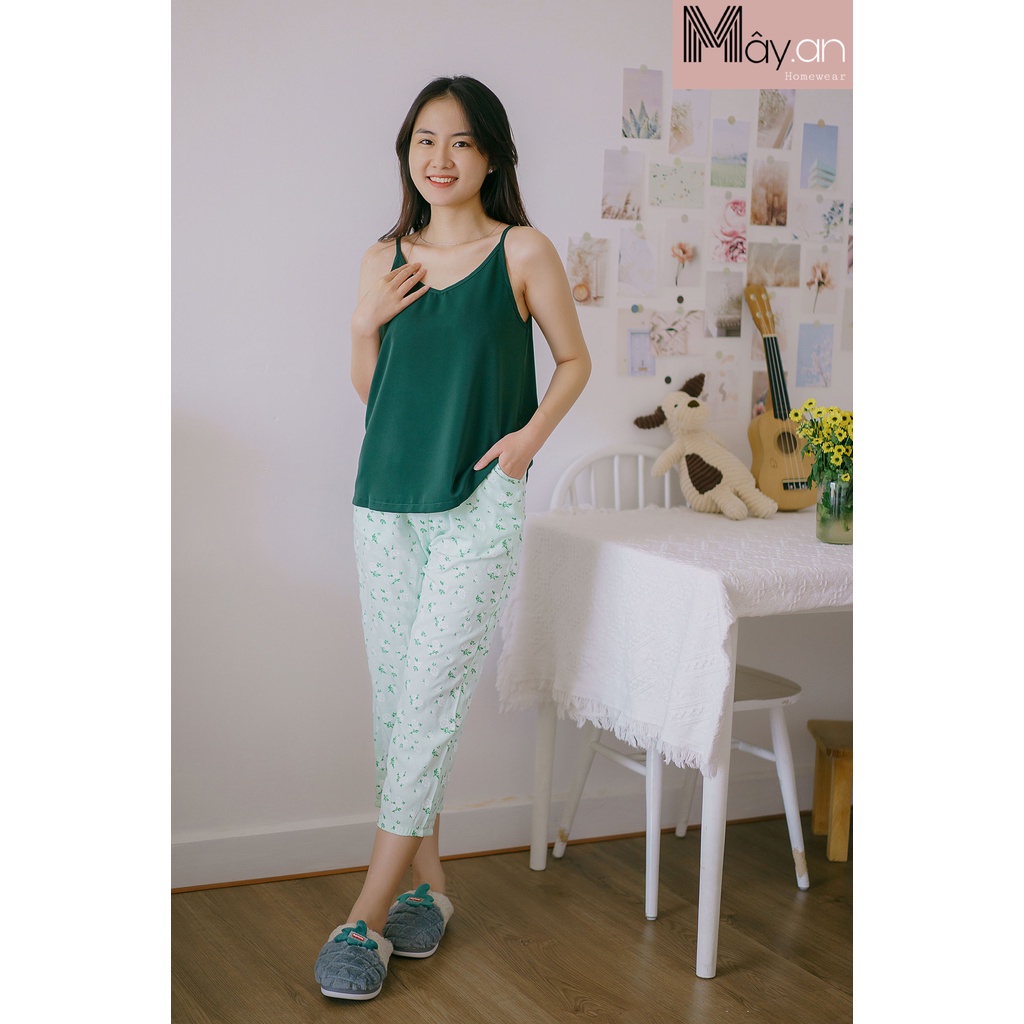 Đồ mặc nhà MÂY áo lụa Hàn quốc 2 dây quần dài gân Hàn quốc hoa nhí
