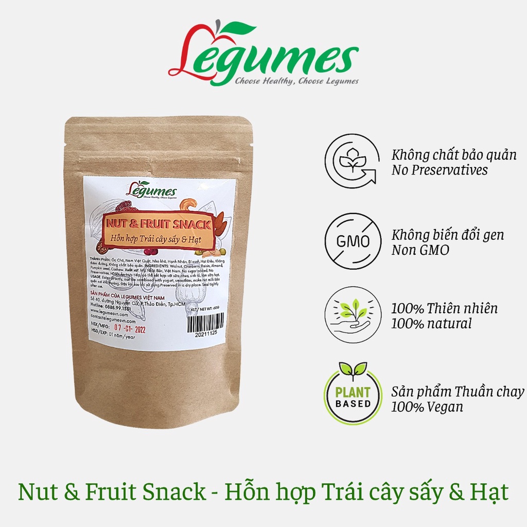 Hỗn hợp Hạt và Trái cây sấy ăn vặt tốt cho sức khỏe, không lo tăng cân - Nuts &amp; Dried Fruits snack - Légumes Việt Nam