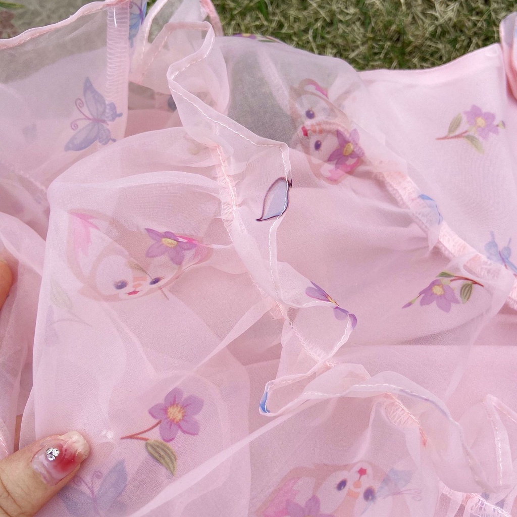 V109 - Váy bé gái voan hồng in hoạ tiết ngộ nghĩnh sz 80-130, váy công chúa cho bé kèm nơ rời