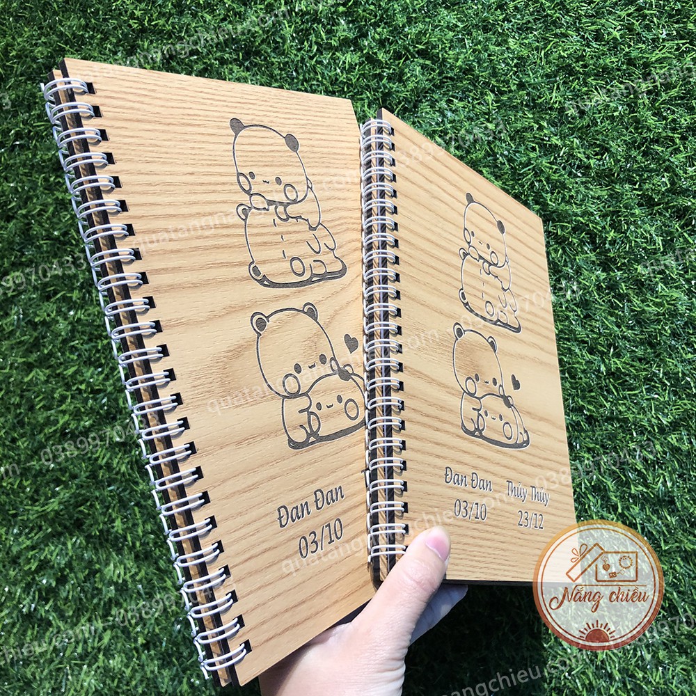 Nhật ký Tình bạn - Sổ tay Notebook khắc hình cặp gấu trúc dễ thương và khắc tên theo yêu cầu
