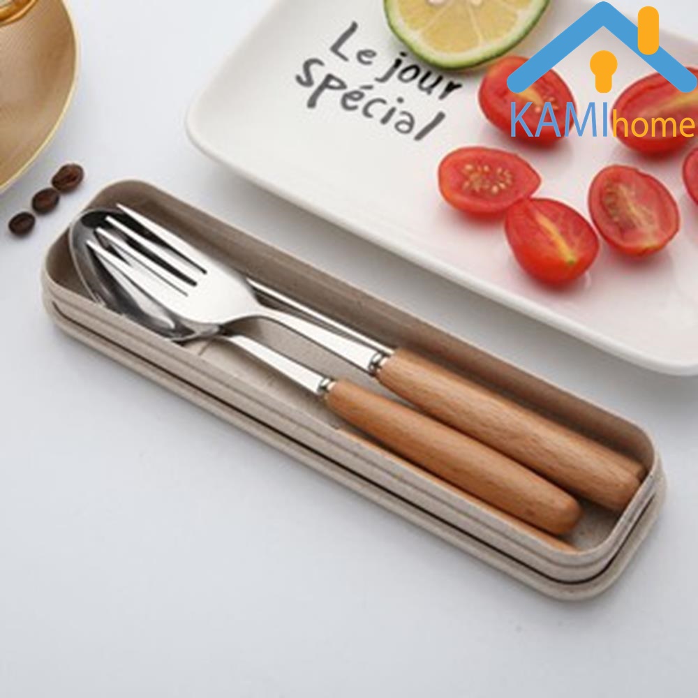 Bộ đũa thìa dĩa inox cán gỗ có hộp đựng cho dã ngoại và văn phòng KM20072