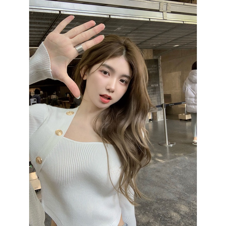 Áo sweater dệt kim mỏng cổ vuông thời trang mùa xuân cho nữ