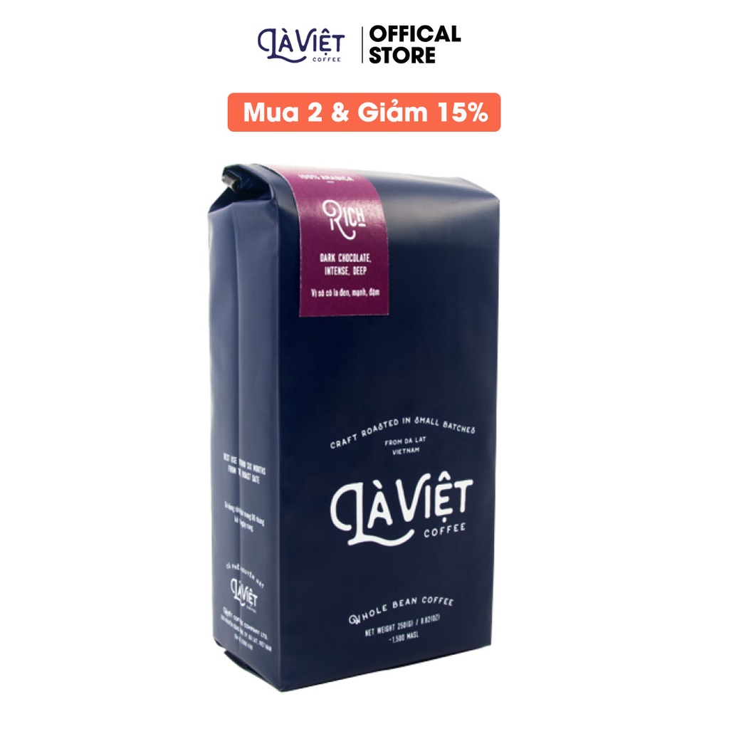 Cà Phê Nguyên Hạt LÀ VIỆT Rich 100% Arabica 250gr Vị sô-cô-la Đen Đậm.