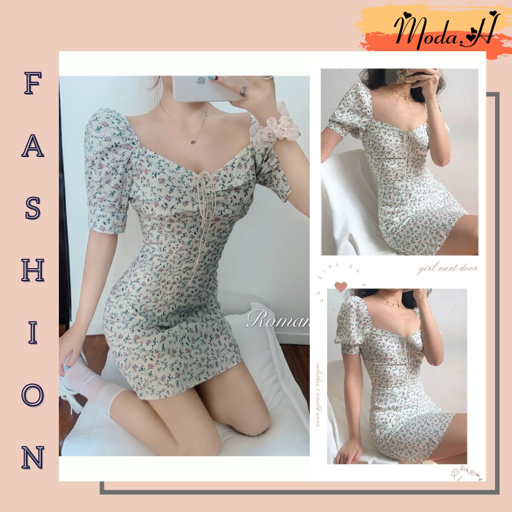 [Mã FASHIONT4WA2 giảm 10K đơn 50K] Váy Nữ Dáng Ôm, Váy Nữ Họa Tiết, Váy Ngắn Thắt Dây Ngực Moda.H