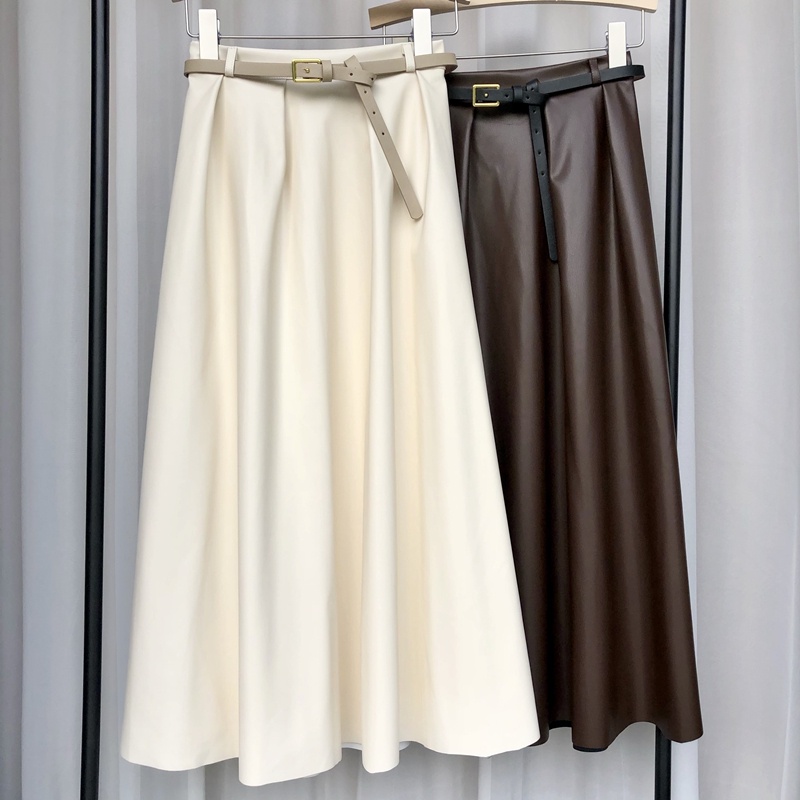 Váy Da Mùa Đông Nữ Váy Midi Màu Trơn Da PU Công Sở Lady A Line Váy Thắt Lưng Cao Cấp Phong Cách Thời Trang Thanh Lịch Váy Dài Tối Giản