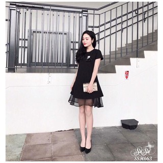 Đầm dạ tiệc dáng xòe phối voan chân tay ngắn cổ tròn