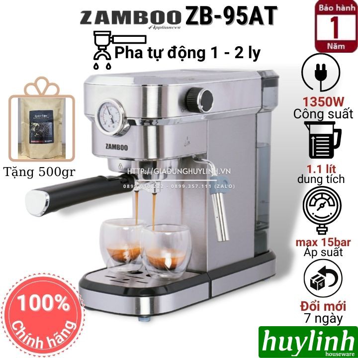 [Mã ELHAMS5 giảm 6% đơn 300K] Máy pha cà phê Zamboo ZB-95AT - Tặng 500gr cafe - Model 2021