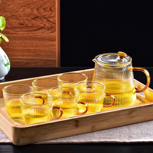 Set ấm thuỷ tinh sọc 500ml + 6 chén sọc 110ml(ko kèm khay)